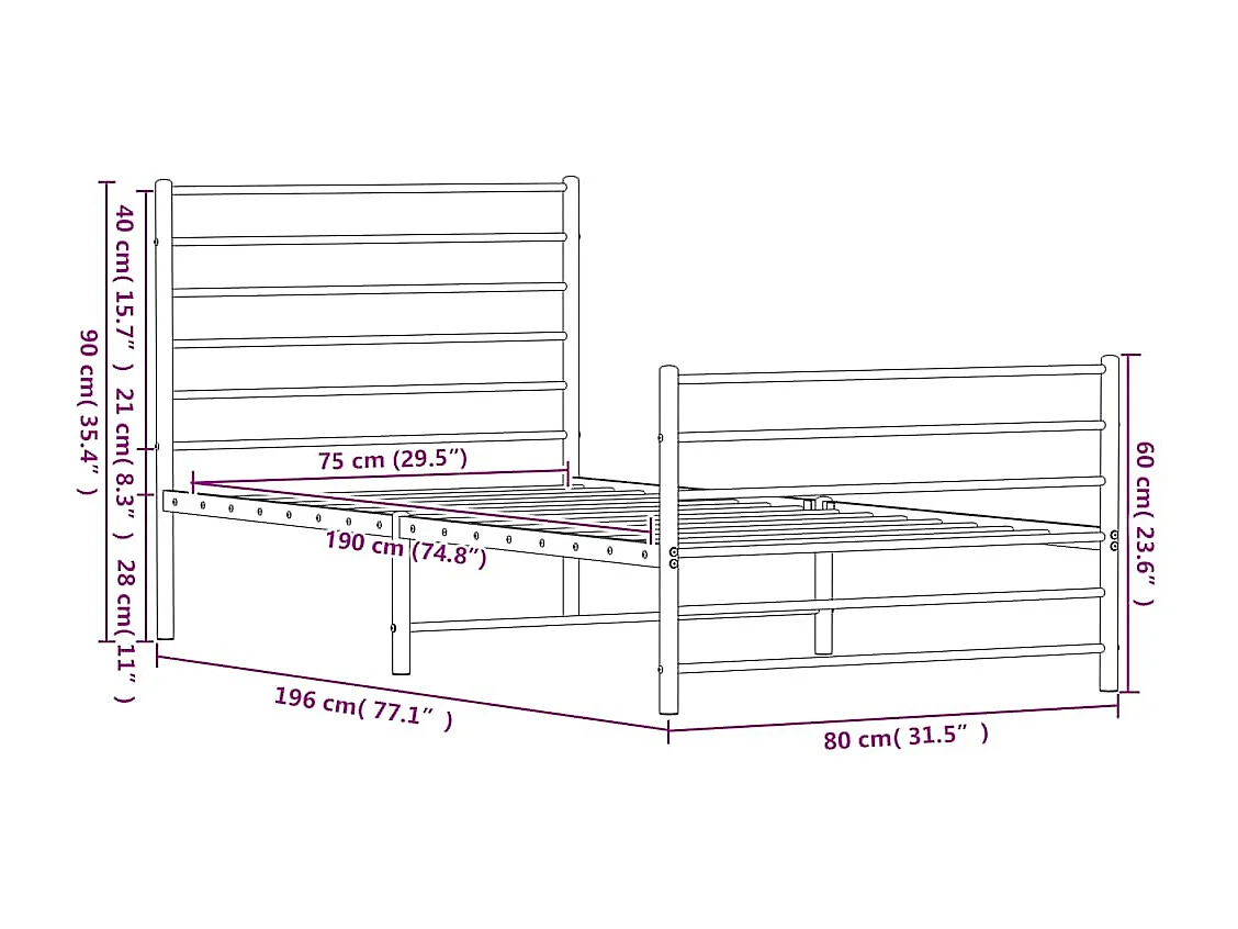 Cadre de lit métal sans matelas avec pied de lit noir 75x190 cm
