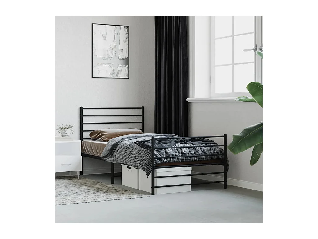 Cadre de lit métal sans matelas avec pied de lit noir 75x190 cm