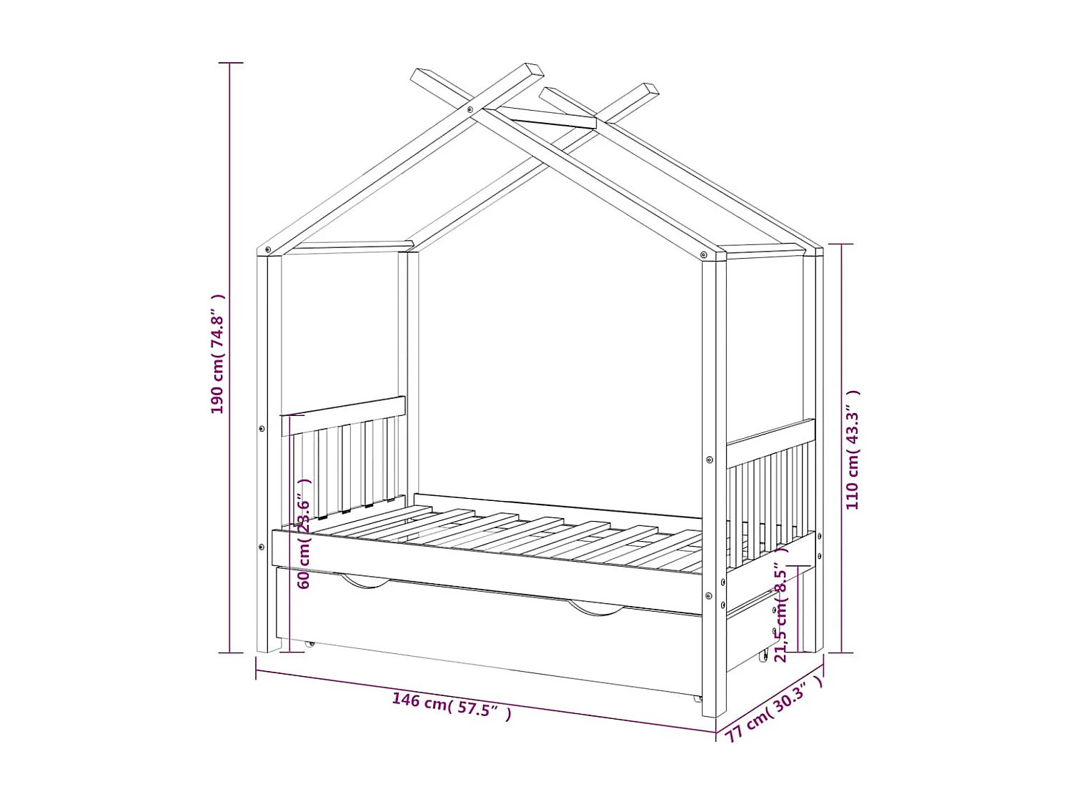 Kinderbedframe met lade massief grenenhout 70x140 cm wit