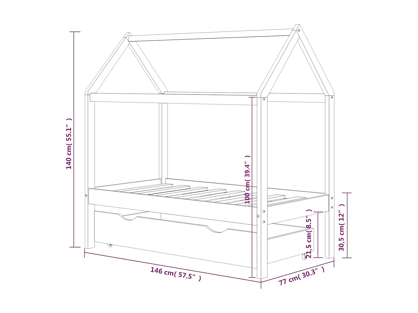 Kinderbedframe met lade massief grenenhout 70x140 cm