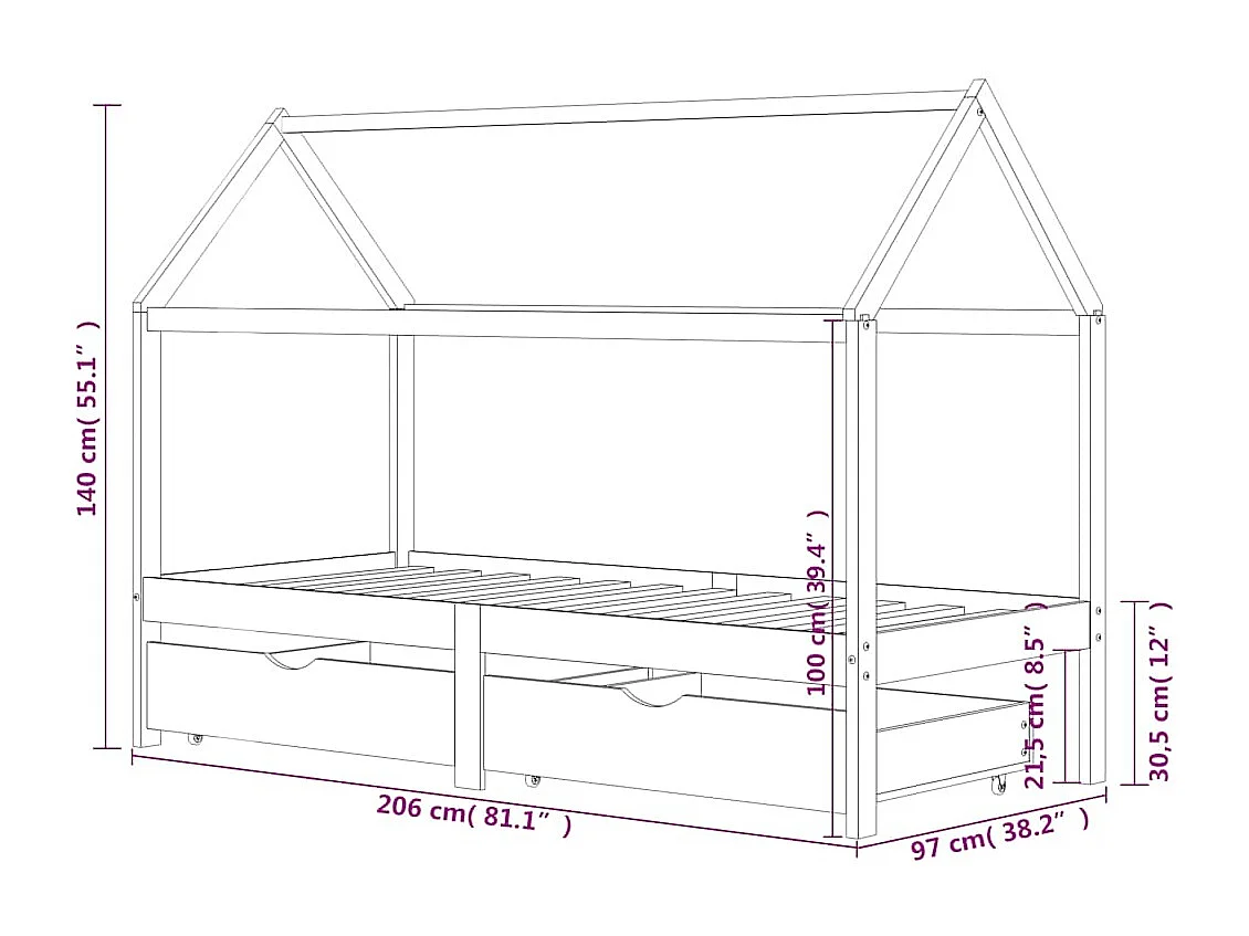 Estructura de cama infantil cajones madera pino blanco 90x200cm