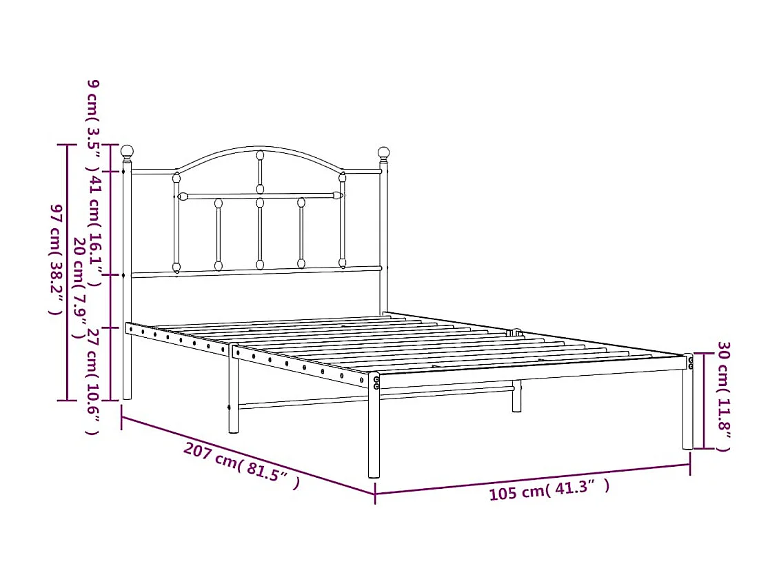 Cadre de lit métal sans matelas avec tête de lit noir 100x200cm