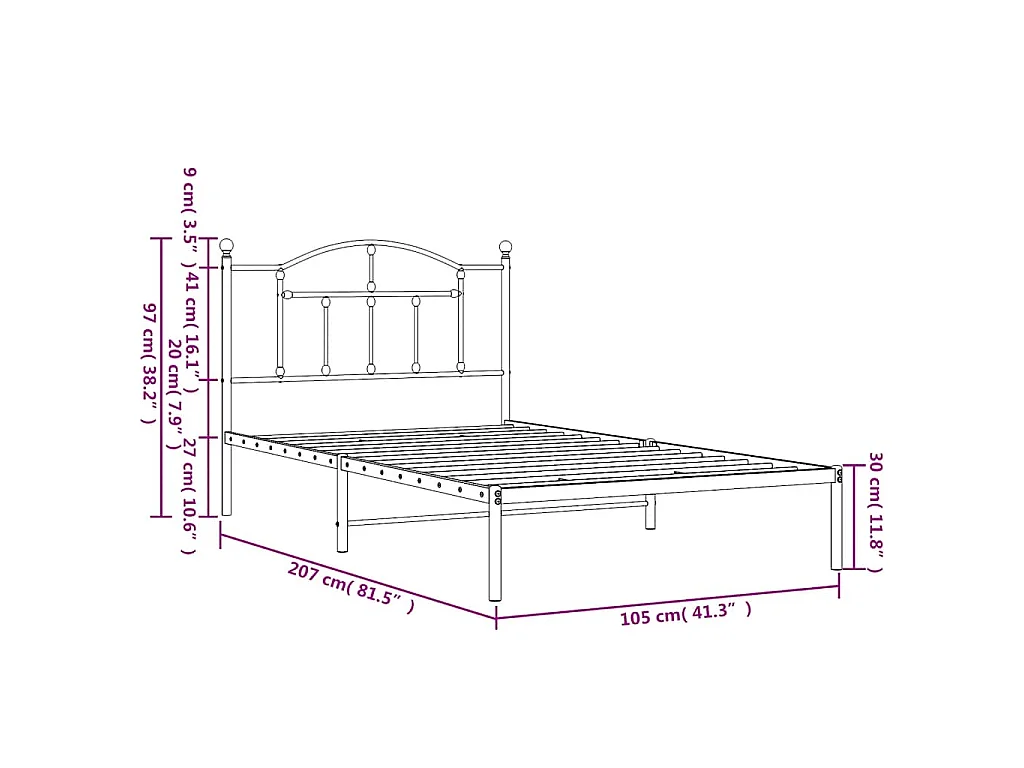 Cadre de lit métal sans matelas avec tête de lit noir 100x200cm
