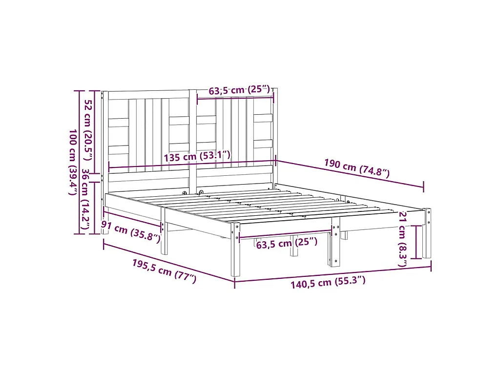 Estrutura de cama casal 135x190 cm madeira maciça