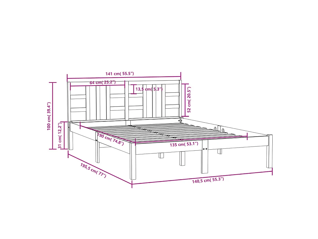 Estrutura de cama casal 135x190 cm madeira maciça