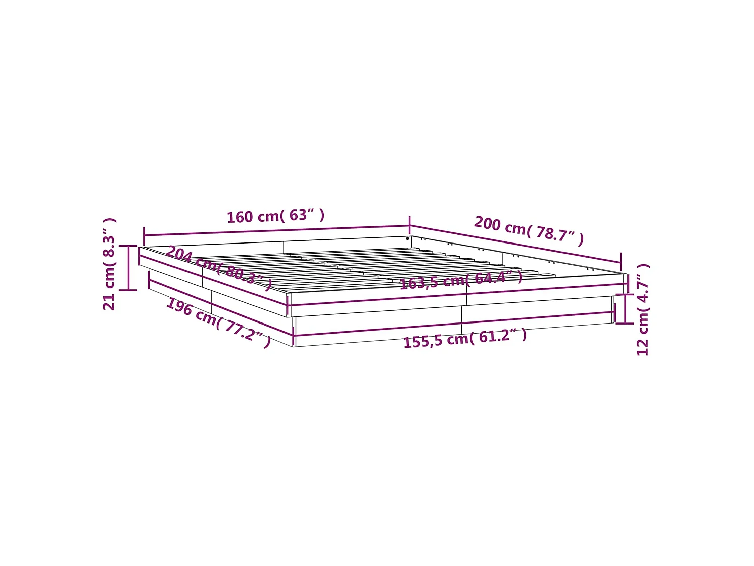 Cadre de lit à LED sans matelas 160x200 cm bois massif