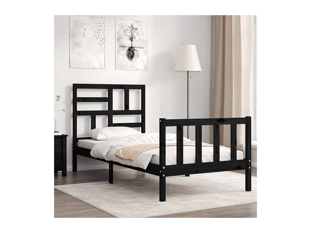 Cadre de lit sans matelas noir bois de pin massif