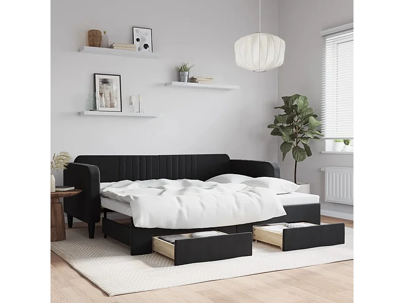 Sofá-cama com gavetão e gavetas 90x200 cm veludo preto