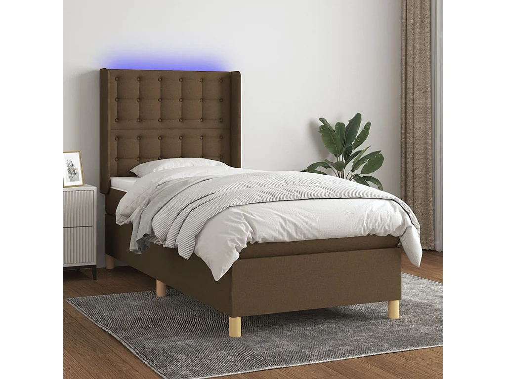 Cama box spring c/ colchão/LED 90x190 cm tecido castanho-escuro