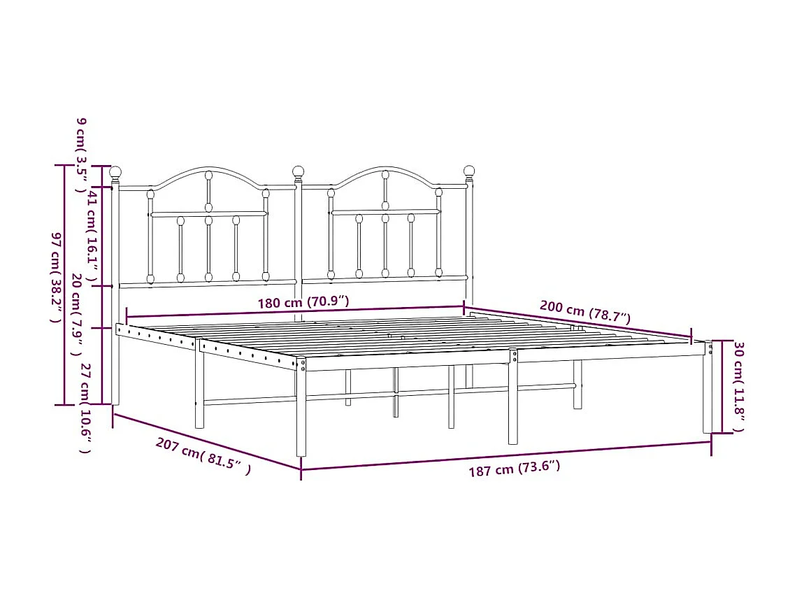 Cadre de lit métal sans matelas et tête de lit noir 180x200 cm