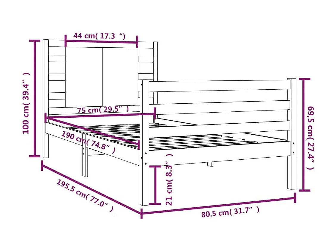 Bedframe zonder matras massief grenenhout 75x190 cm