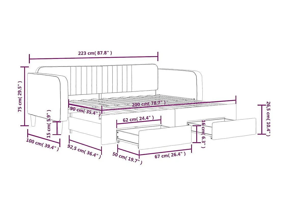 Lit de jour avec gigogne et tiroirs jaune 90x200 cm velours