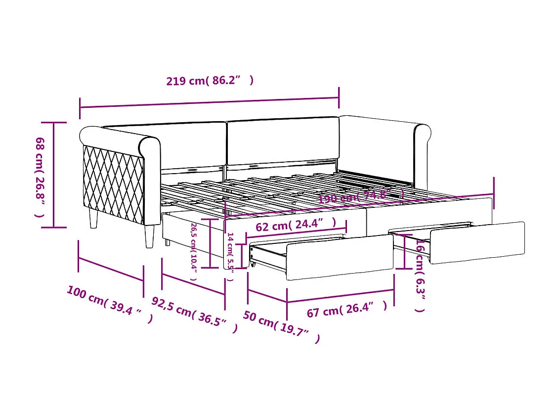 Slaapbank onderschuifbed en lades 90x190 cm fluweel lichtgrijs