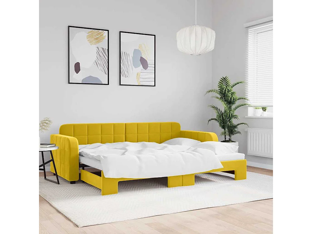 Slaapbank met onderschuifbed 80x200 cm fluweel geel