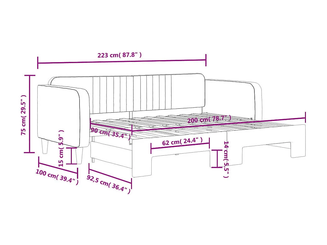Slaapbank met onderschuifbed 90x200 cm fluweel zwart