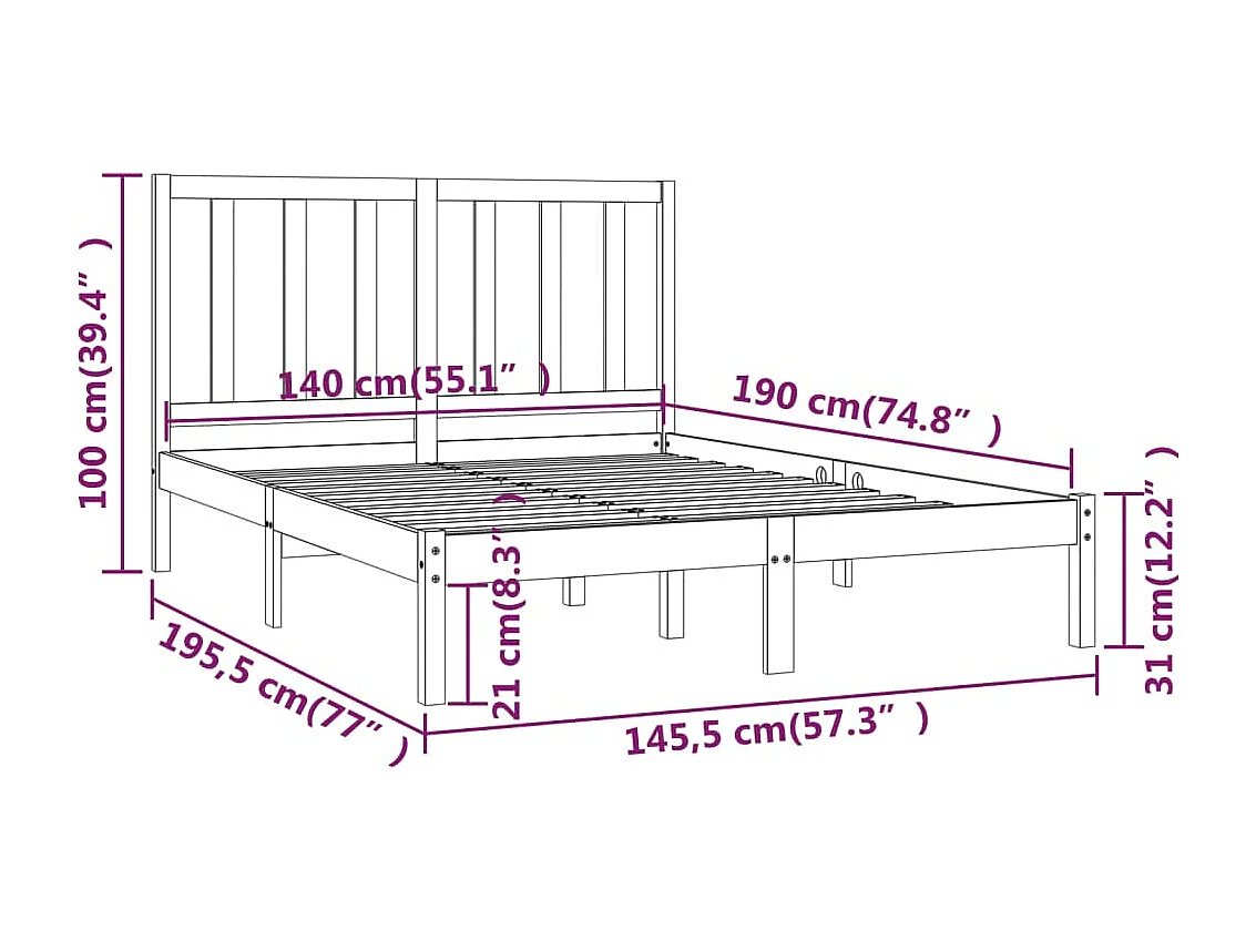 Bedframe massief grenenhout wit 140x190 cm