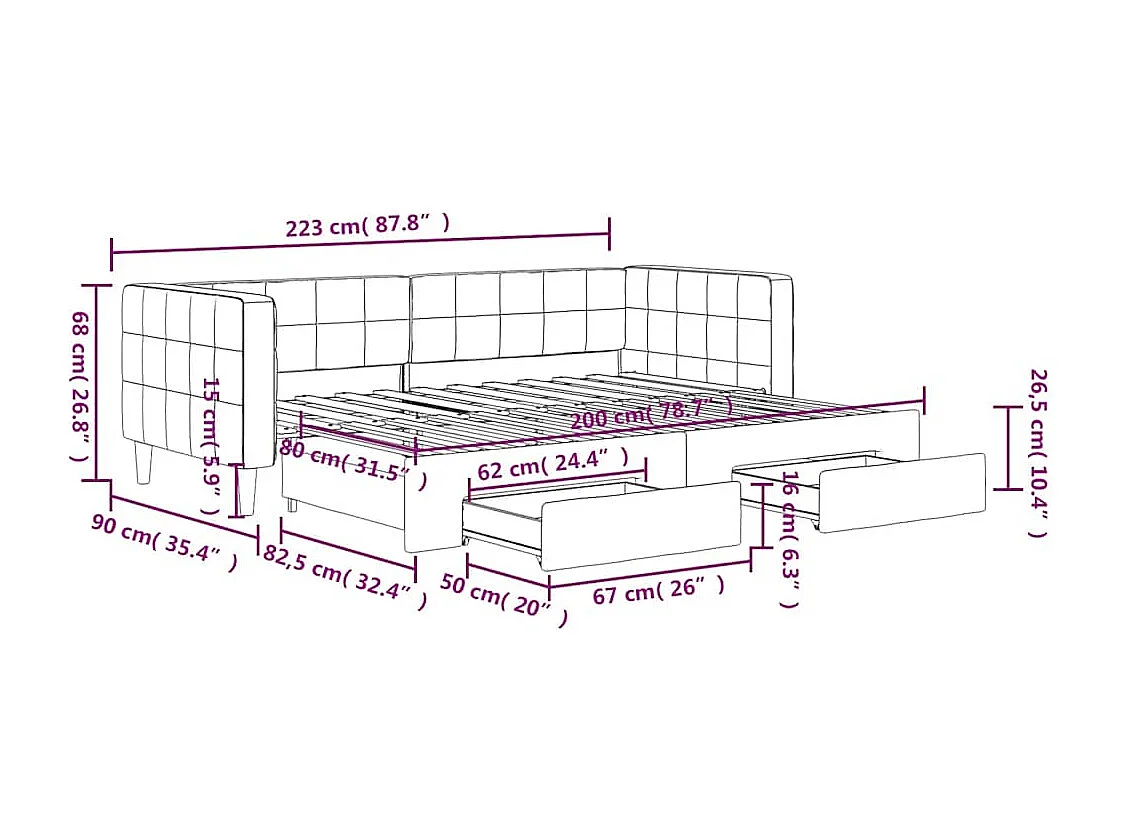 Divano Letto Estraibile con Cassetti Blu 80x200 cm in Velluto