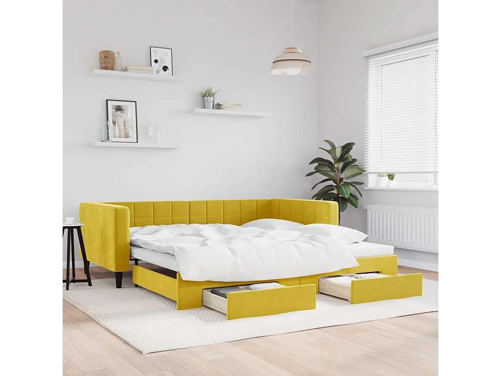 Sofá cama nido con cajones terciopelo amarillo 100x200 cm