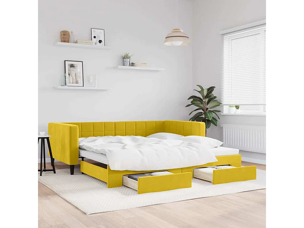 Divano Letto Estraibile con Cassetti Giallo 100x200cm Velluto