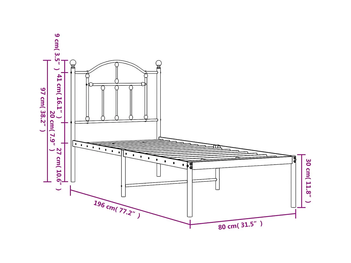 Cadre de lit métal sans matelas avec tête de lit noir 75x190 cm