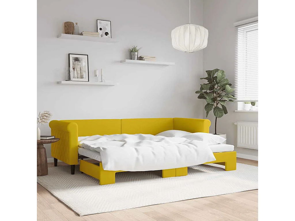 Slaapbank met onderschuifbed 80x200 cm fluweel geel