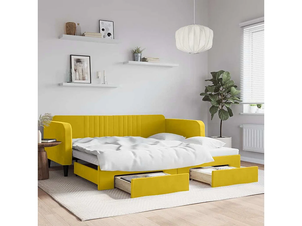 Sofá-cama com gavetão e gavetas 100x200 cm veludo amarelo