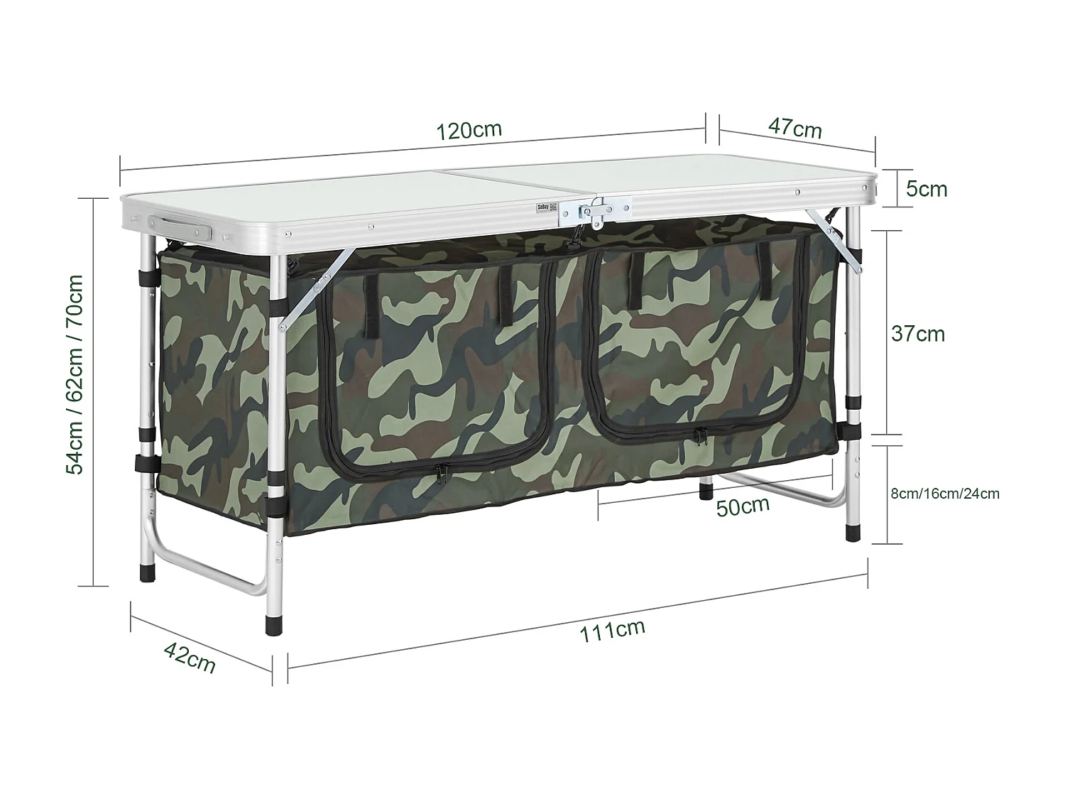 SoBuy Campingtafel met opvouwbare en afneembare opbergtas, campingkasten, aluminium koffertafel, tuintafel, 3 hoogtes 120 x 47 x (54/62/70) cm, OGT50-TN