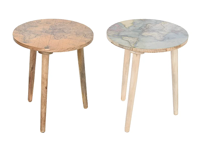 Lot de 2 tables d'appoints rondes en bois de manguier coloris naturel, blanc