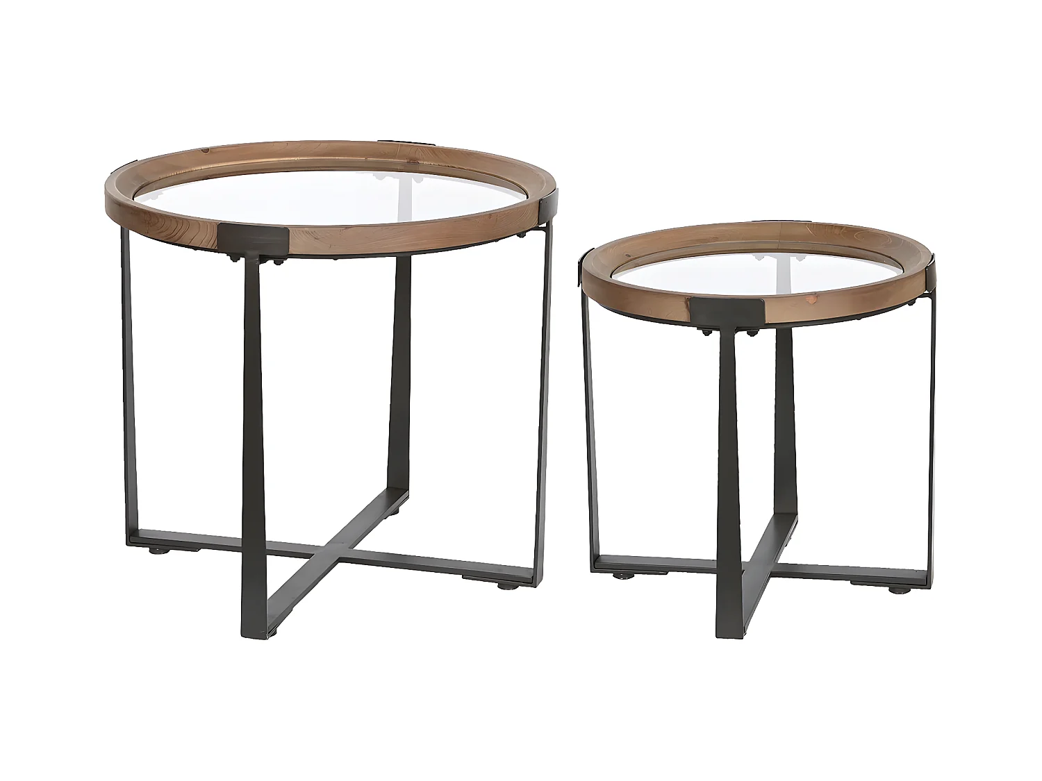 Lot de 2 tables d'appoints rondes en bois de sapin marron et fer noir