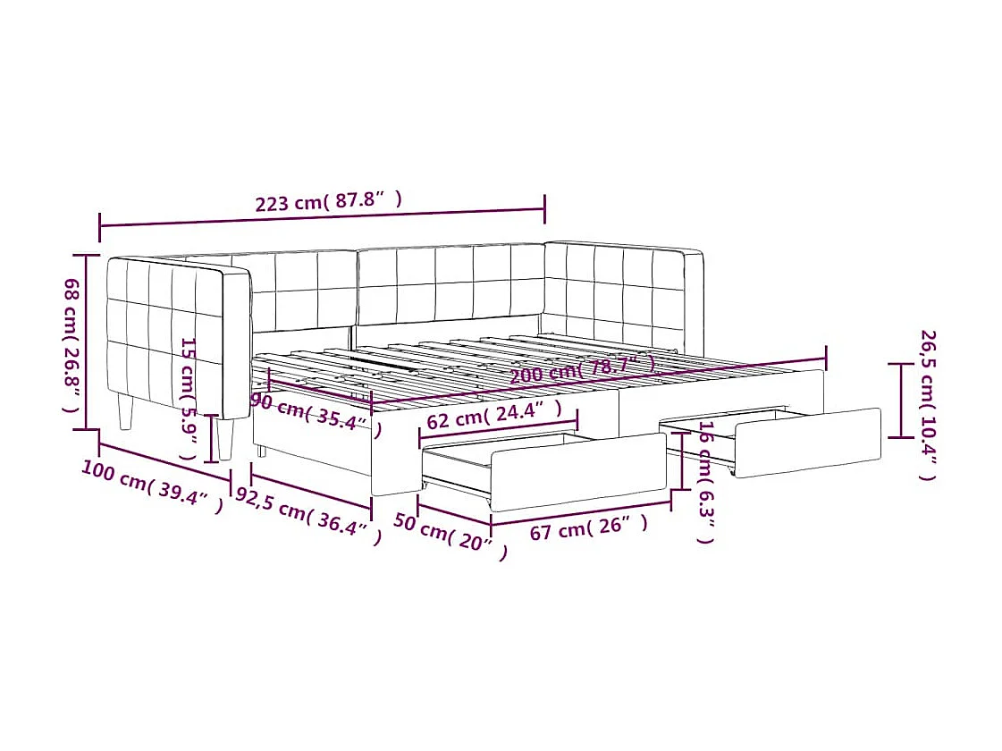 Slaapbank met onderschuifbed en lades 90x200 cm fluweel geel