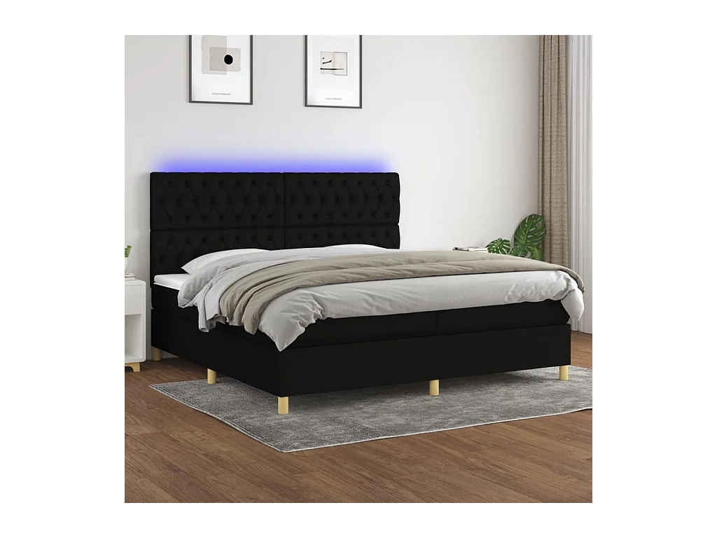 Sommier à lattes de lit et matelas et LED Noir 200x200 cm Tissu