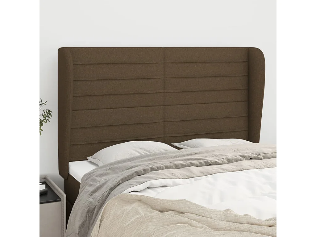 Hoofdbord met randen 147x23x118/128 cm stof donkerbruin
