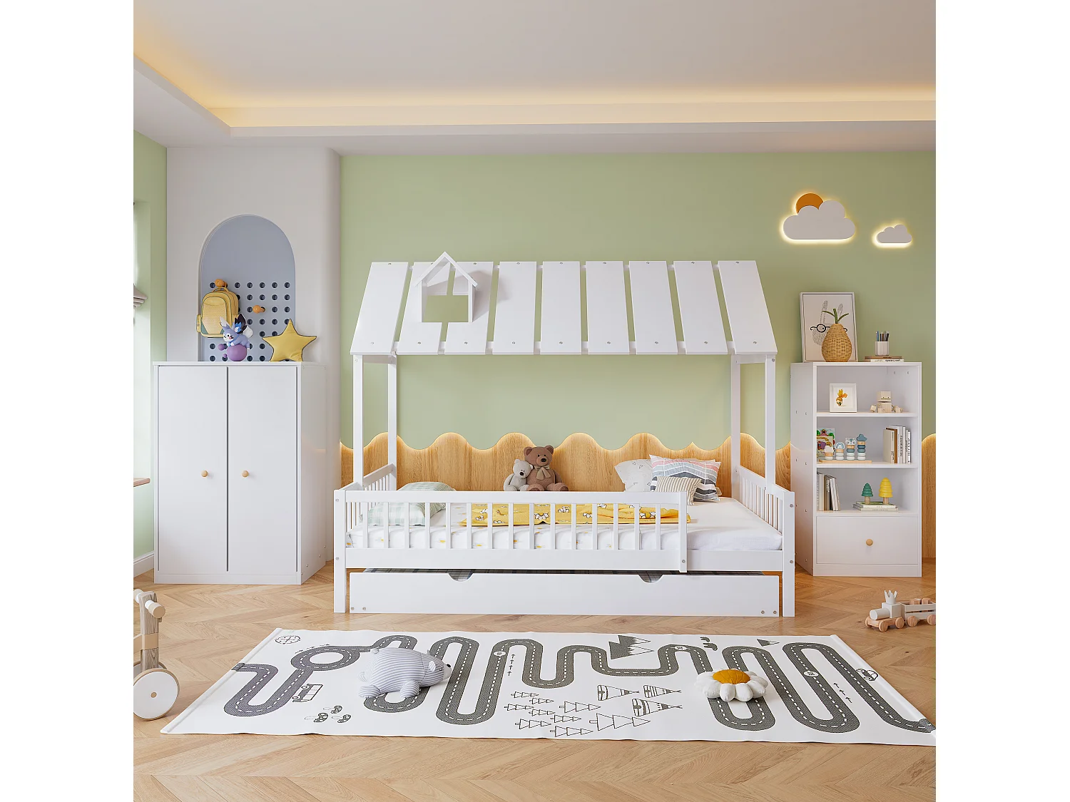 Ensemble lit cabane 120x200 cm + Bibliothèque + Armoire - en Bois de pin et MDF - Blanc