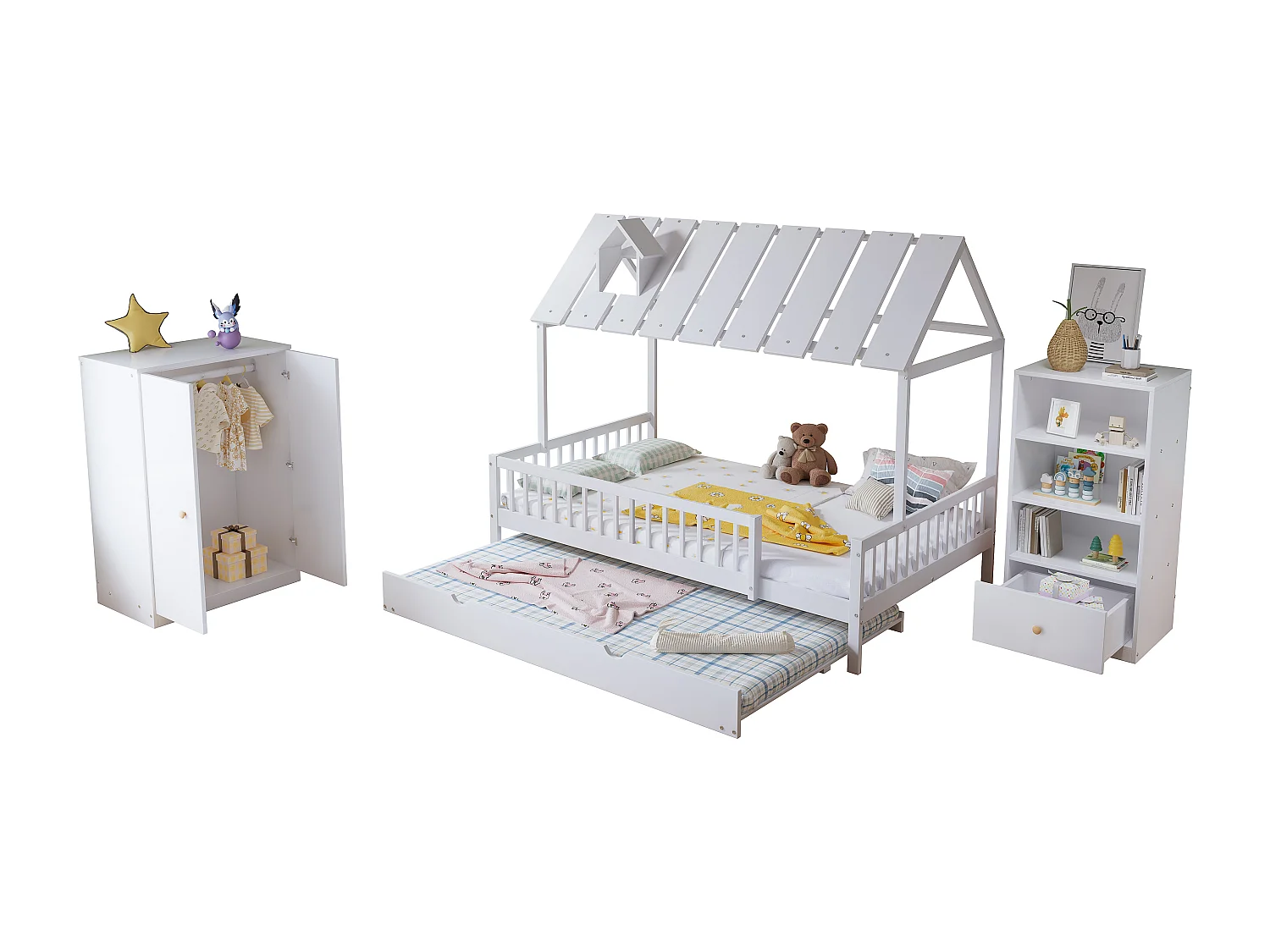 Ensemble lit cabane 120x200 cm + Bibliothèque + Armoire - en Bois de pin et MDF - Blanc