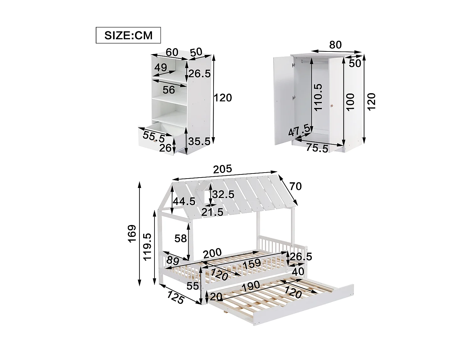Ensemble lit cabane 120x200 cm + Bibliothèque + Armoire - en Bois de pin et MDF - Blanc