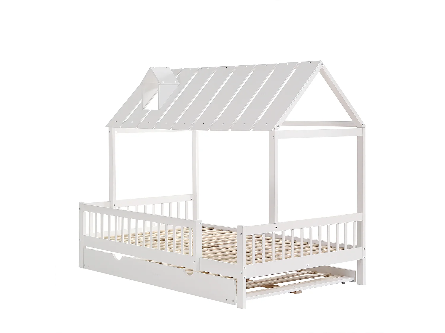 Ensemble lit cabane 120x200 cm + Bibliothèque + Armoire - en Bois de pin et MDF - Blanc