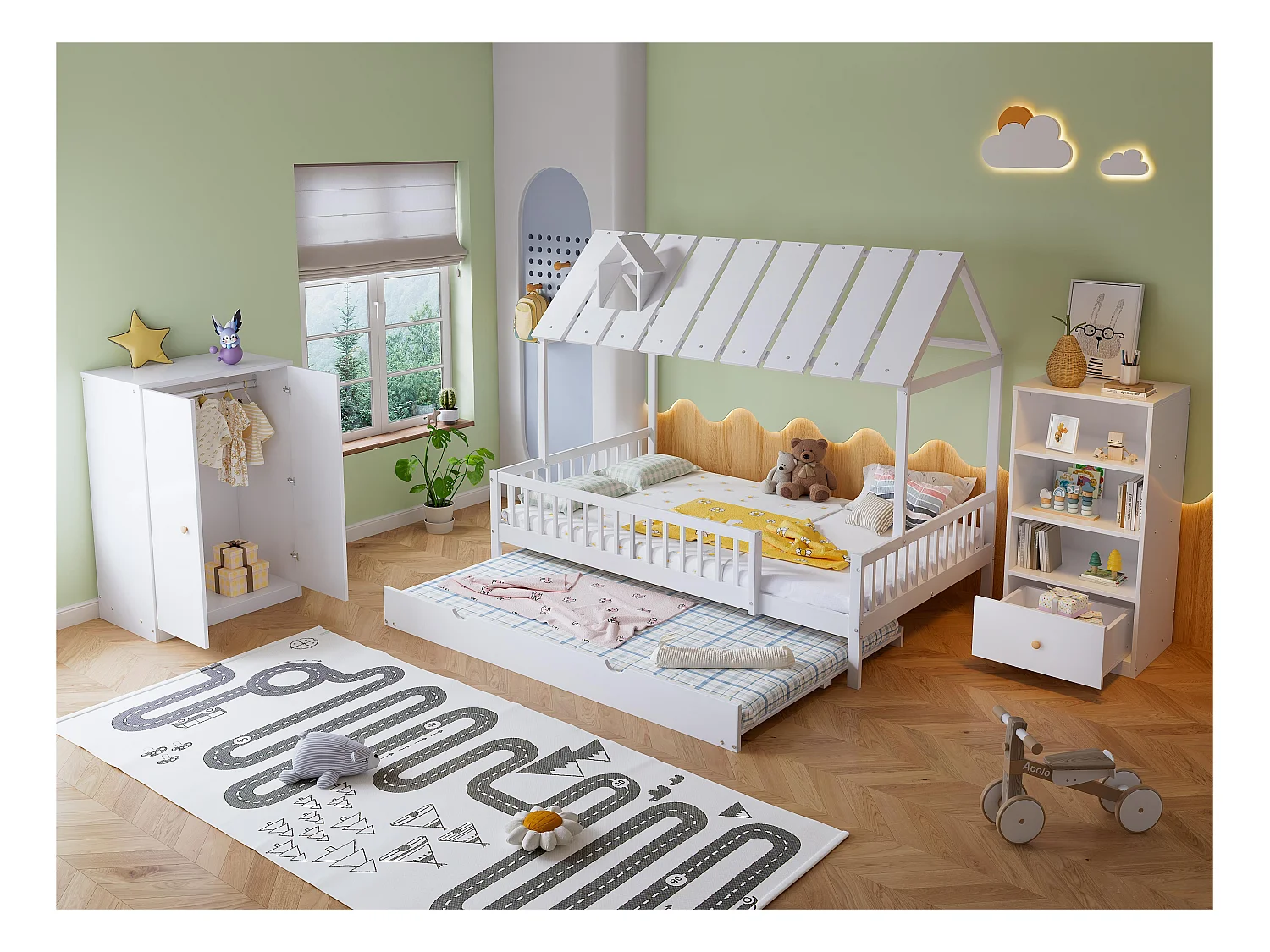Cabinebedset 120x200 cm + Boekenkast + Kledingkast - Grenenhout en MDF - Wit