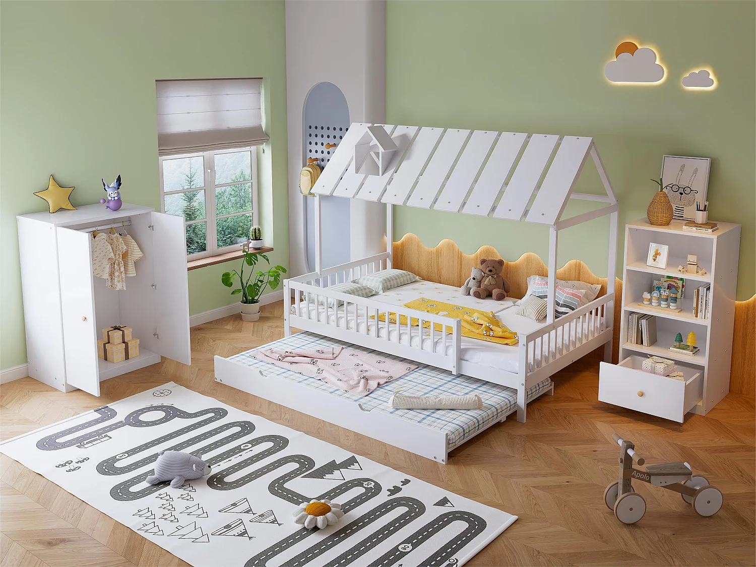 Cabinebedset 120x200 cm + Boekenkast + Kledingkast - Grenenhout en MDF - Wit