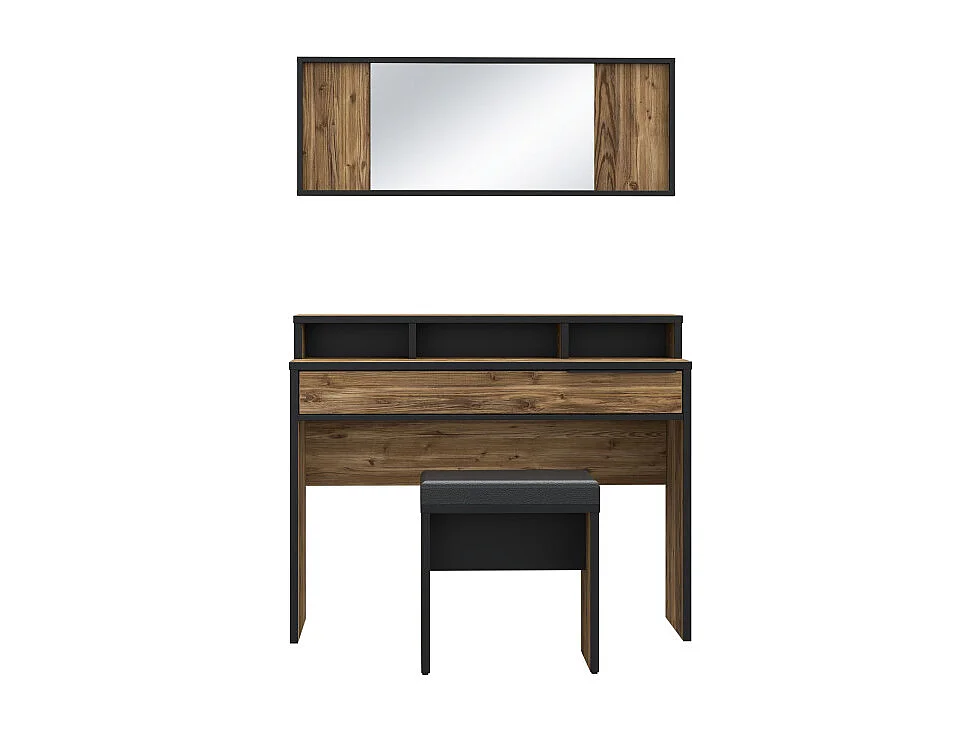 Coiffeuse décor bois d'épicéa avec miroir rangements et banc - CELIA