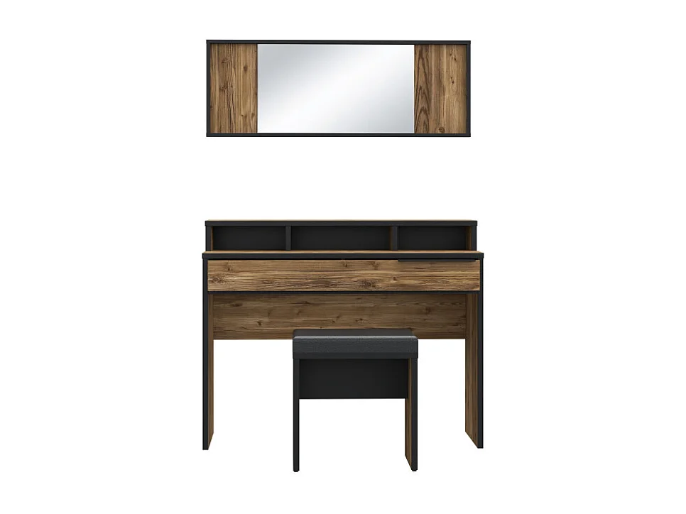 Coiffeuse décor bois d'épicéa avec miroir rangements et banc - CELIA