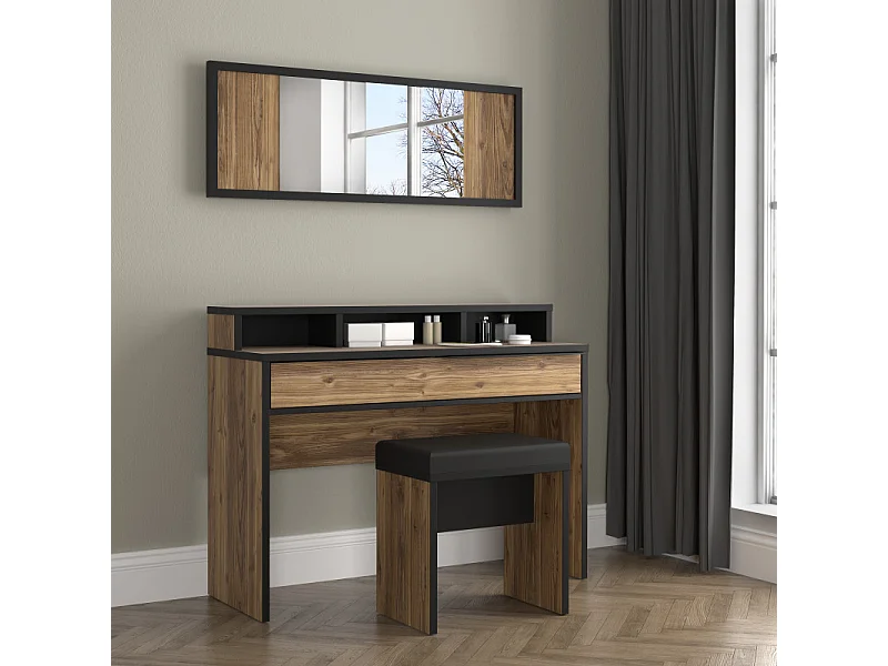 Coiffeuse décor bois d'épicéa avec miroir rangements et banc - CELIA