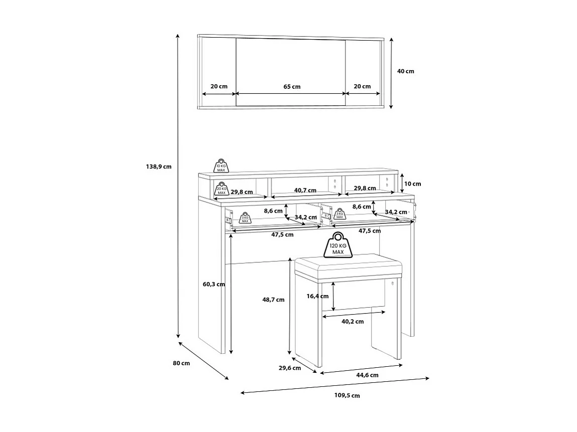 Coiffeuse décor bois d'épicéa avec miroir rangements et banc - CELIA
