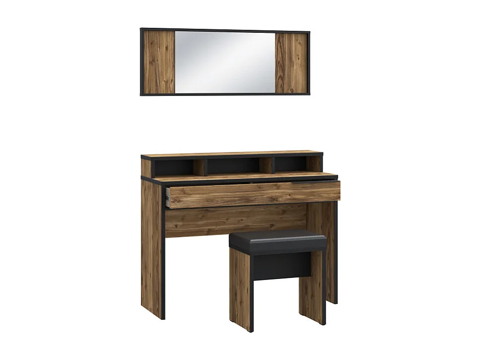 Coiffeuse décor bois d'épicéa avec miroir rangements et banc - CELIA