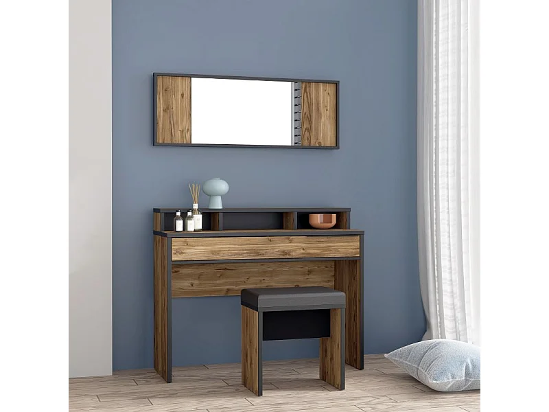 Coiffeuse décor bois d'épicéa avec miroir rangements et banc - CELIA