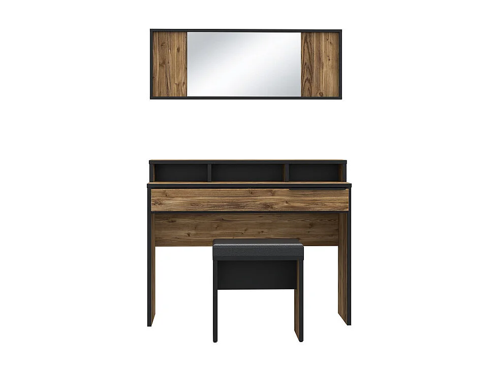 Coiffeuse décor bois d'épicéa avec miroir rangements et banc - CELIA