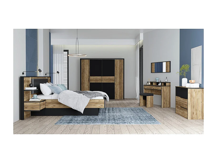 Coiffeuse décor bois d'épicéa avec miroir rangements et banc - CELIA