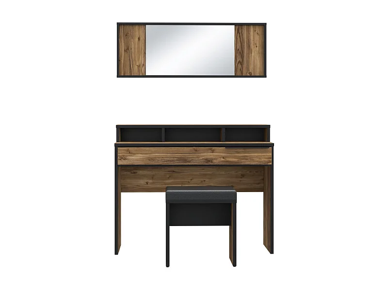 Coiffeuse décor bois d'épicéa avec miroir rangements et banc - CELIA