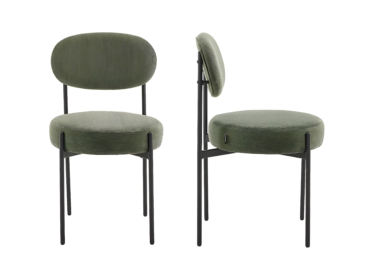 Lot de 2 chaises en velours côtelé vert, piètement métal noir - Evora