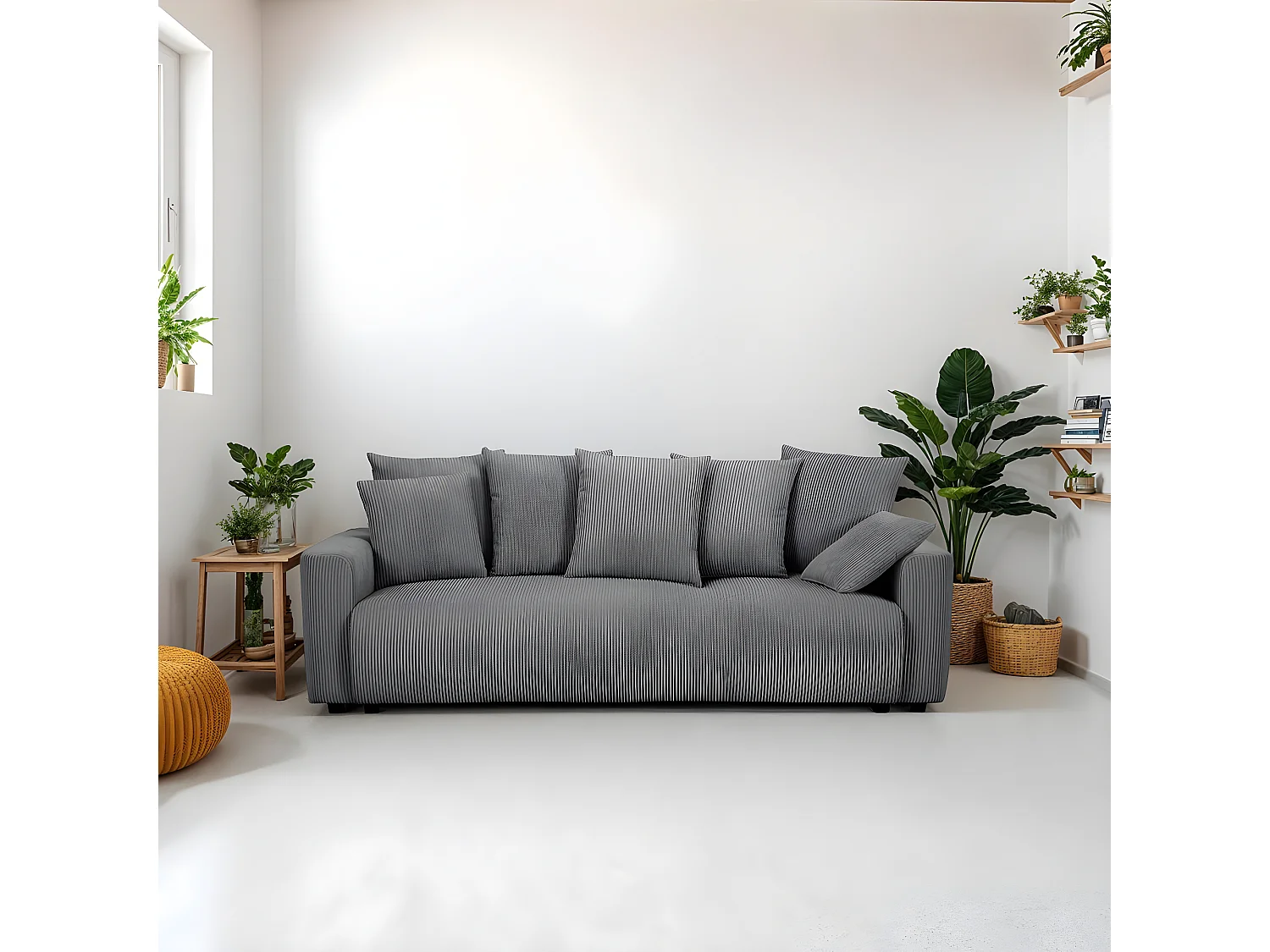 Canapé convertible 3 places en velours côtelé gris anthracite avec coffre de rangement - Uma