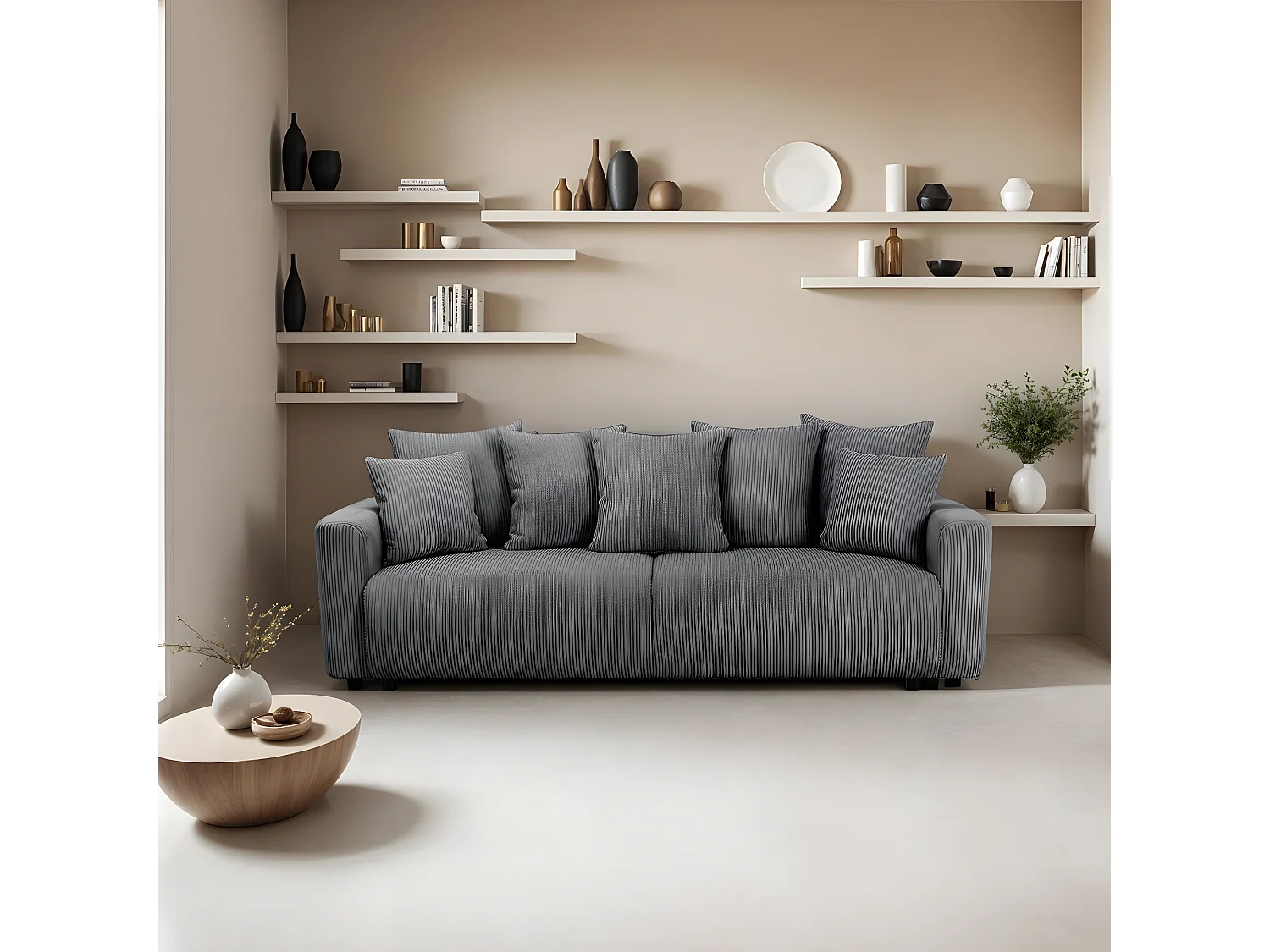 Canapé convertible 3 places en velours côtelé gris anthracite avec coffre de rangement - Uma